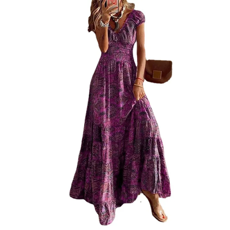 Bohemian Style Long Dress, Waist-Tight Floral Print, Large Swing Dress, New