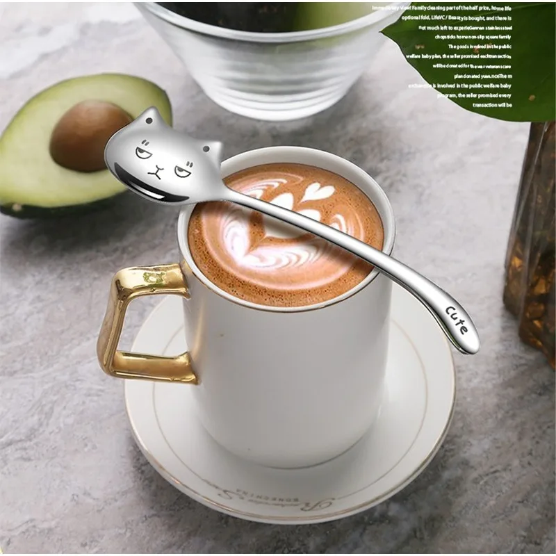 1PC interesting coffee tea spoon long tail cat shape long handle dessert spoon birthday gift tableware 304 stainless steel