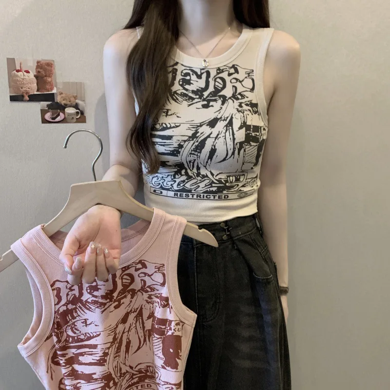 

American Spice Girls Pink Work Camisole Tank Women Summer Wide Shoulder Straps Sleeveless Short Slim Top