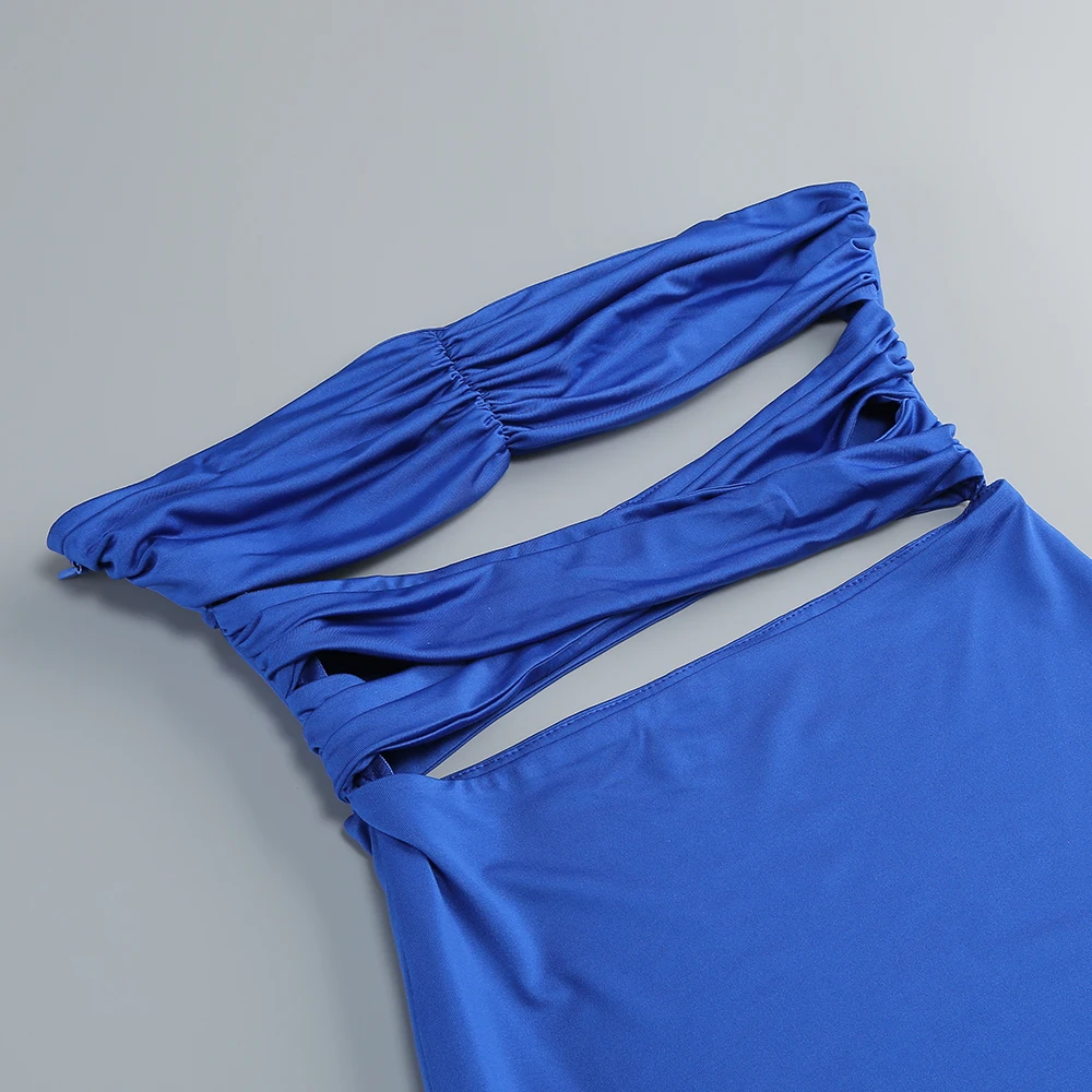 Mini abito slim sexy con ritaglio blu con dettagli in strass – Clubwear estivo da festa increspato a maniche lunghe