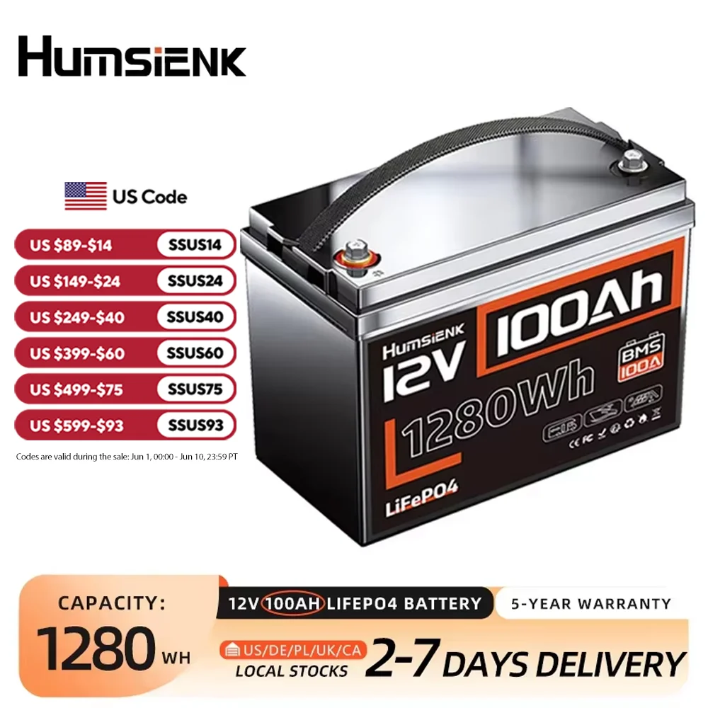 Humsienk LiFePO4 Lithium Battery 12V 100AH BMS 100A 1280Wh For RV/ Vans/ Trolling Motor/Off-grid/Camping/2-year warranty/UL 1973