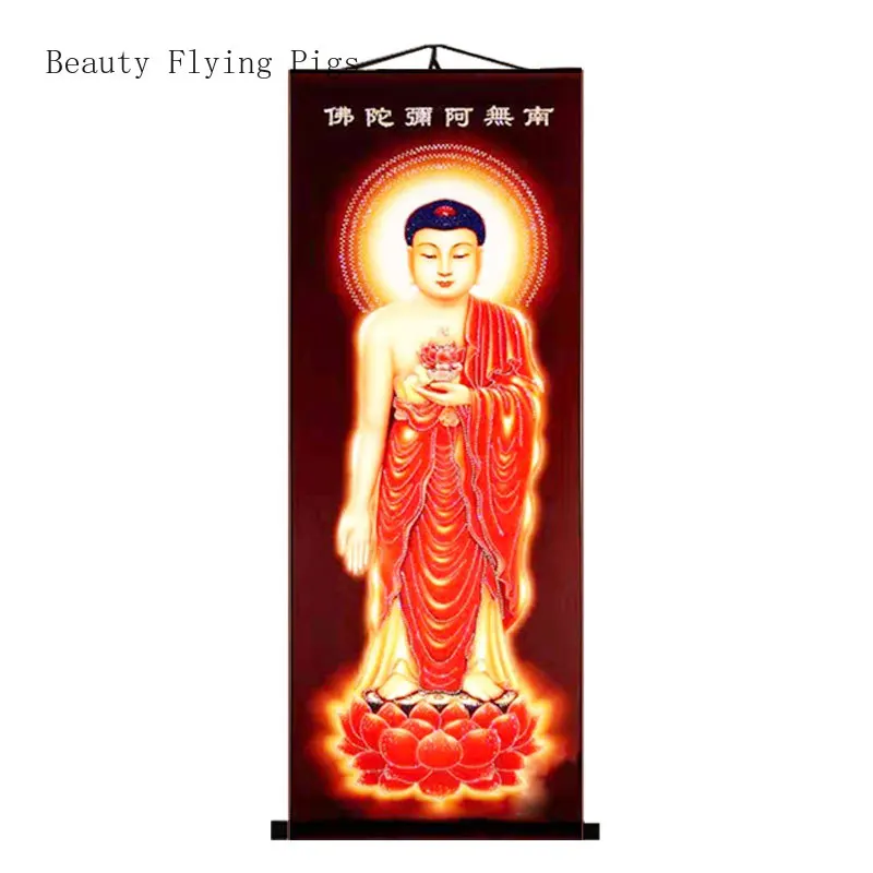 

Chinese style silk cloth with diamond inlaid Amitabha Buddha statue at home offering scroll painting feng shui People