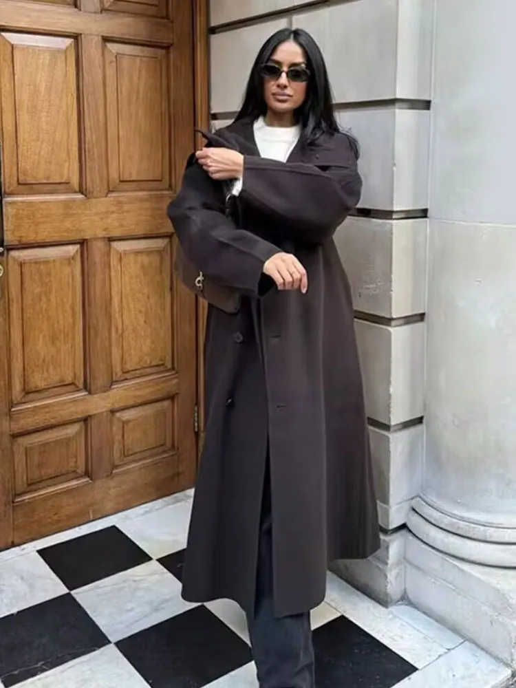 

HH Women Chic Belt Single Breasted Pocket Decorate Jacket Female Casual Long Sleeve Lapel Loose Slim Vintage Street Long Coat