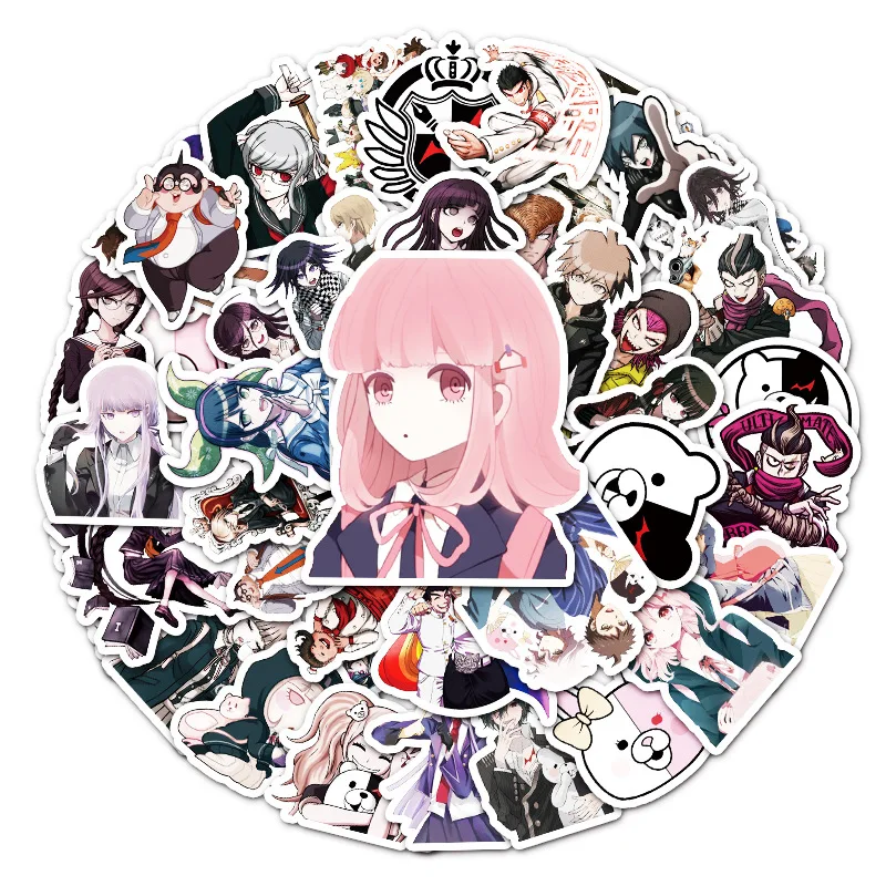 Danganronpa สติกเกอร์กราฟฟิตีลายการ์ตูน, 50ชิ้นสติกเกอร์ติดตู้เย็นสำหรับตกแต่งถ้วยน้ำกระเป๋าเดินทางสเก็ตบอร์ด