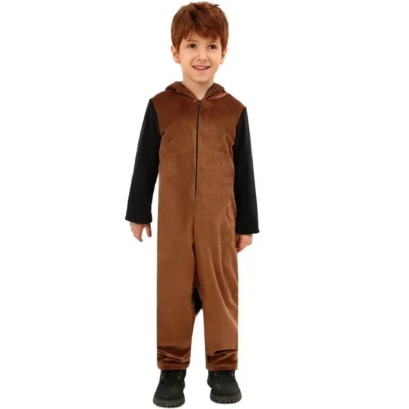 SN88 Brown Kids Horse Costume Outfit Girl Boys Party Role Play Dress Up Jumpsuit Mask Animal Onesie Halloween Cosplay Winter Pla