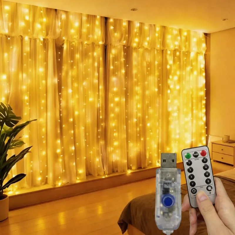 USB LED Curtain 8Modes Remote Control Lights Holiday Wedding Garland for Bedroom Living Room Decor Christmas Decorations