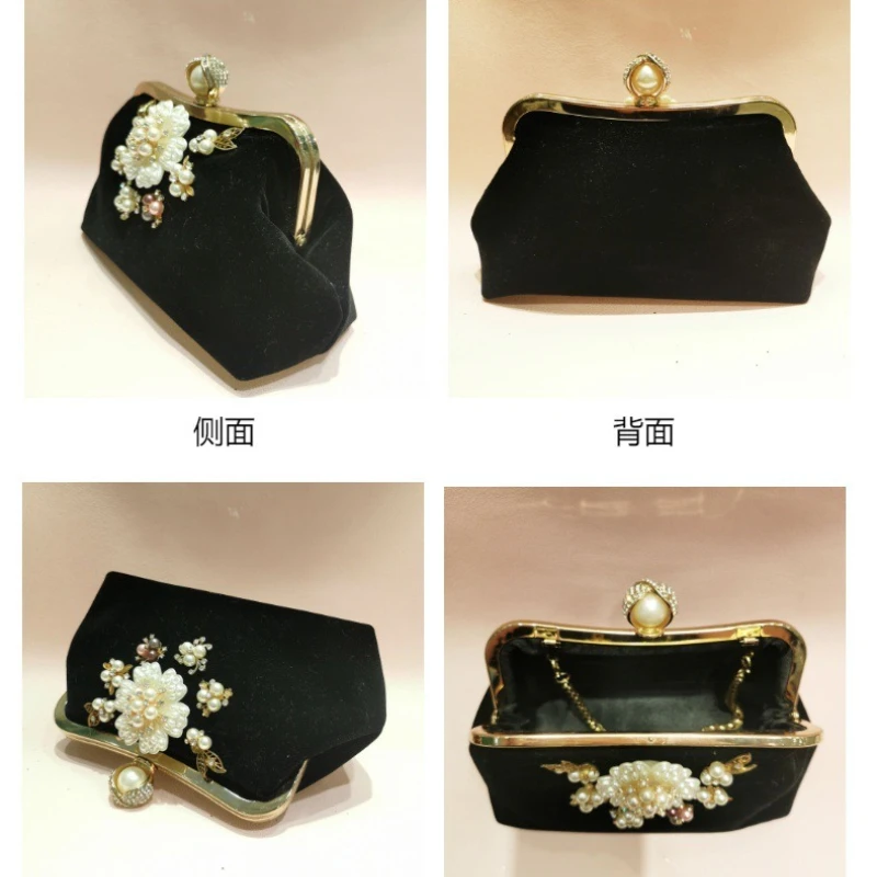 Vintage Style Velvet Dinner Handbag Bridal Mother's Party Gown Evening Bags Pearl Appliques Beading Velour Purses Chinese Retro