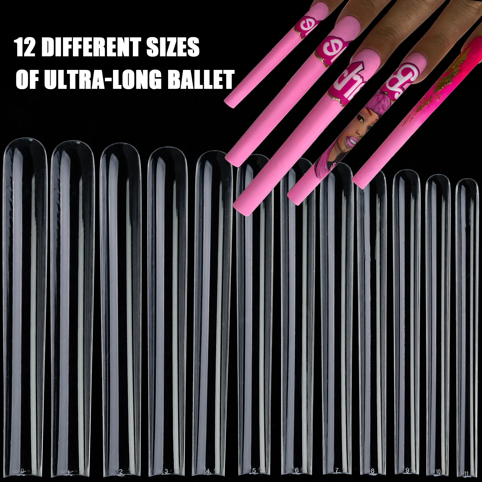 60pc/pack Mixed-size Full Cover False Nail 5XL Press On Acrylic Nails Extra Long Transparent Ballet Nail European American Style