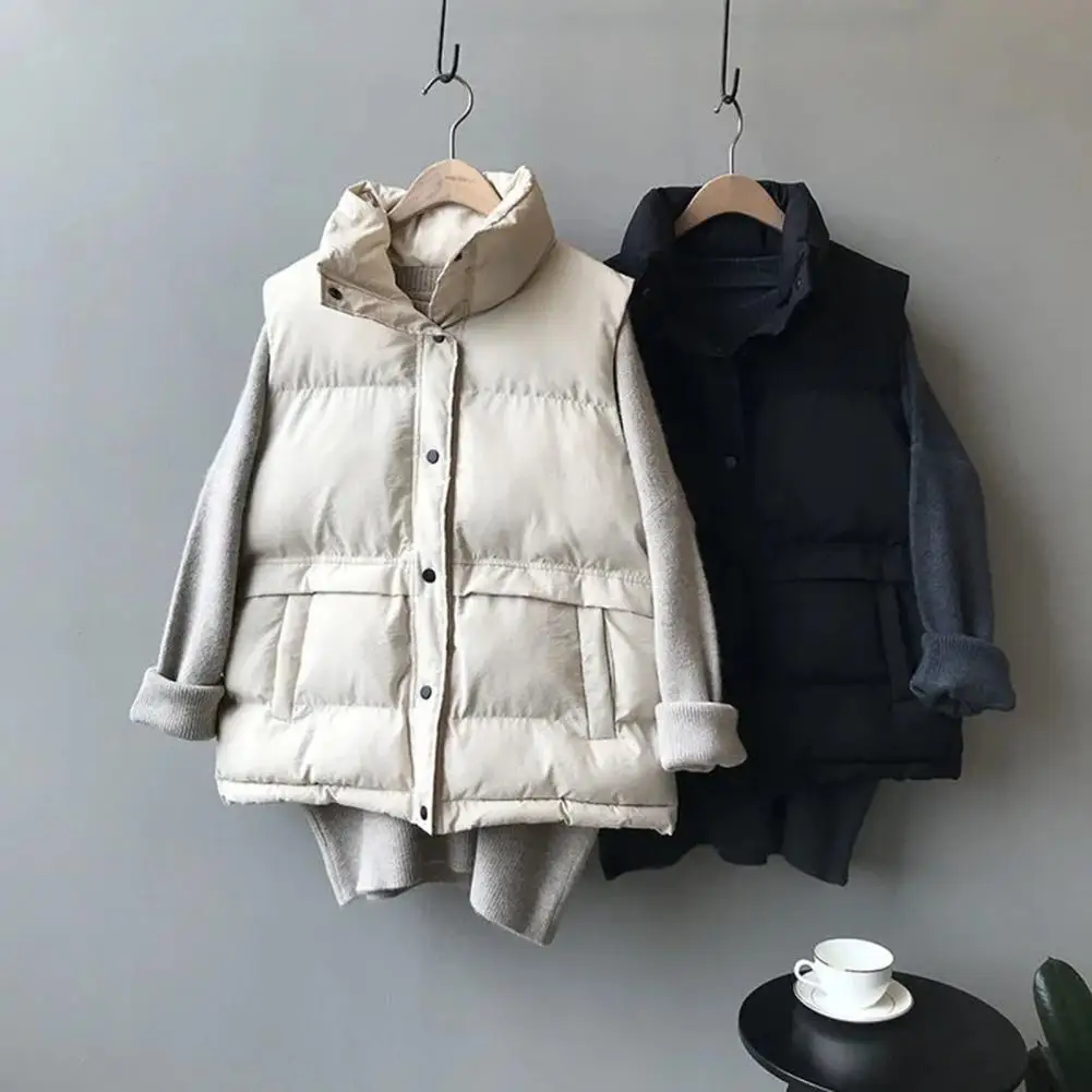 Women Winter Vest Coat Stand Collar Solid Color Button Closure Sleeveless Padded Thick Short Windproof Warm Lady Waistcoat 50