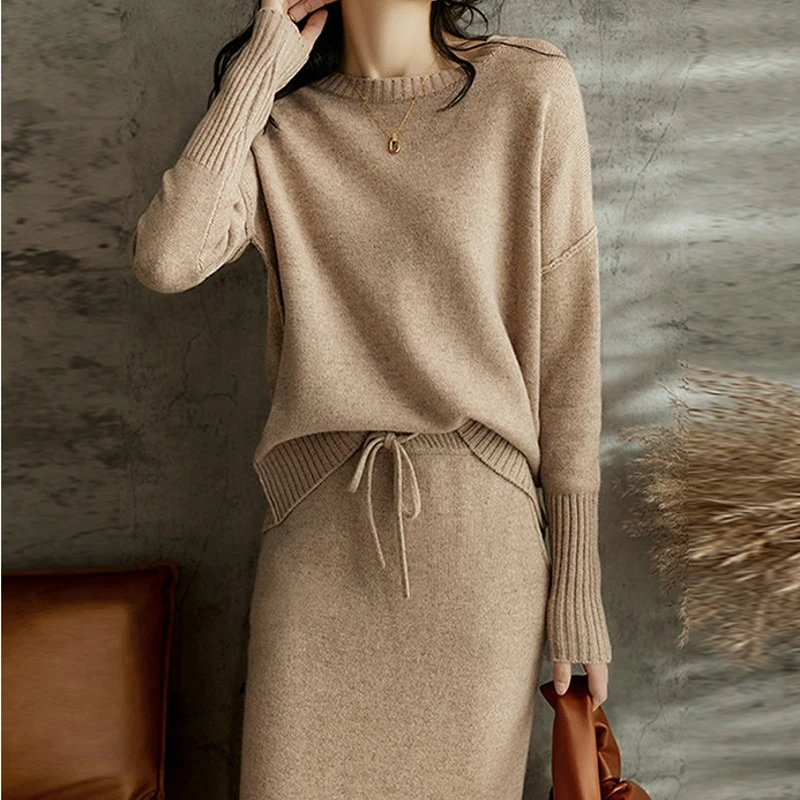 New Women Sweater Two Piece Set Knitted Sets Solid Casual O Neck Long Sleeve Pullover Top+Elastic Waist Midi Skirt Suit Z111