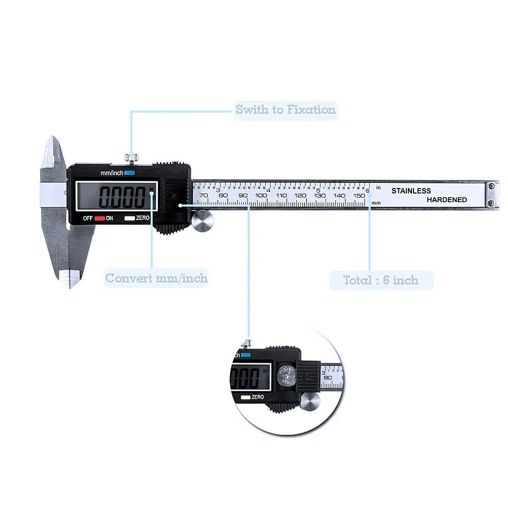 Vernier Metric Digital Caliper with LCD Display 0-6 inch / 150mm Stainless Steel Electronic Depth Gauge Measuring Tools