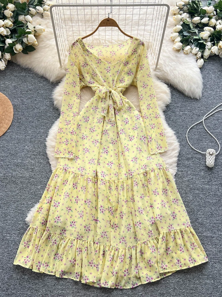 ชุดเดรสยาวปานกลางทรงเอ กระโปรงยาวทรงเอ ผ้าลูกไม้ลายดอกไม้  รุ่นใหม่ปี 2025  พร้อมสายรัดเอว  ทรงเข้ารูป  สไตล์เกาหลี