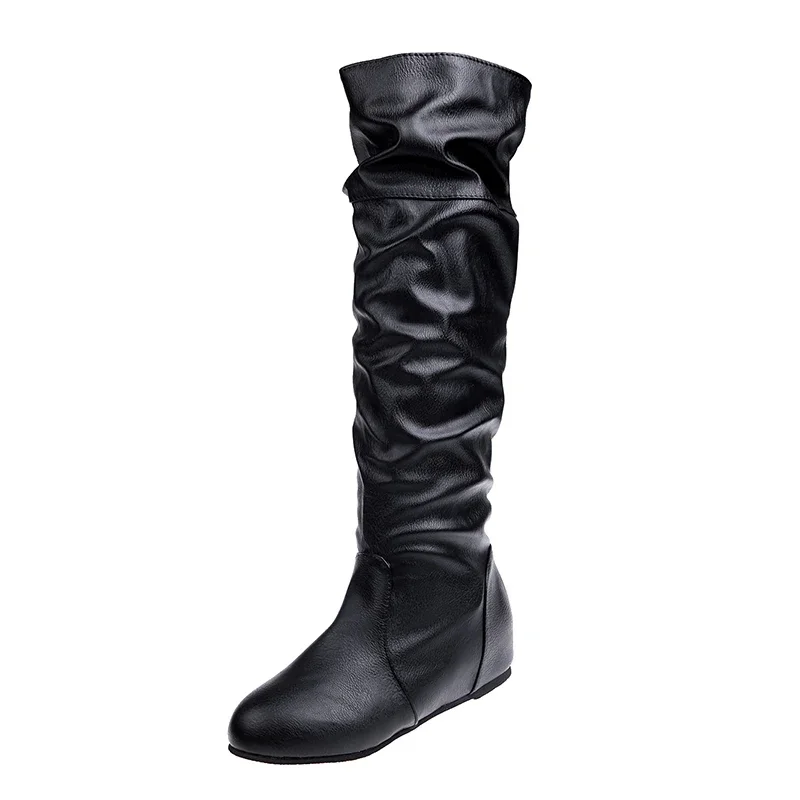 Autumn New Women\'s Thigh High Boots Fashion Plus Size Pionted Toe Wrinkle Flat Knee High Knight Boots for Women Botas De Mujer