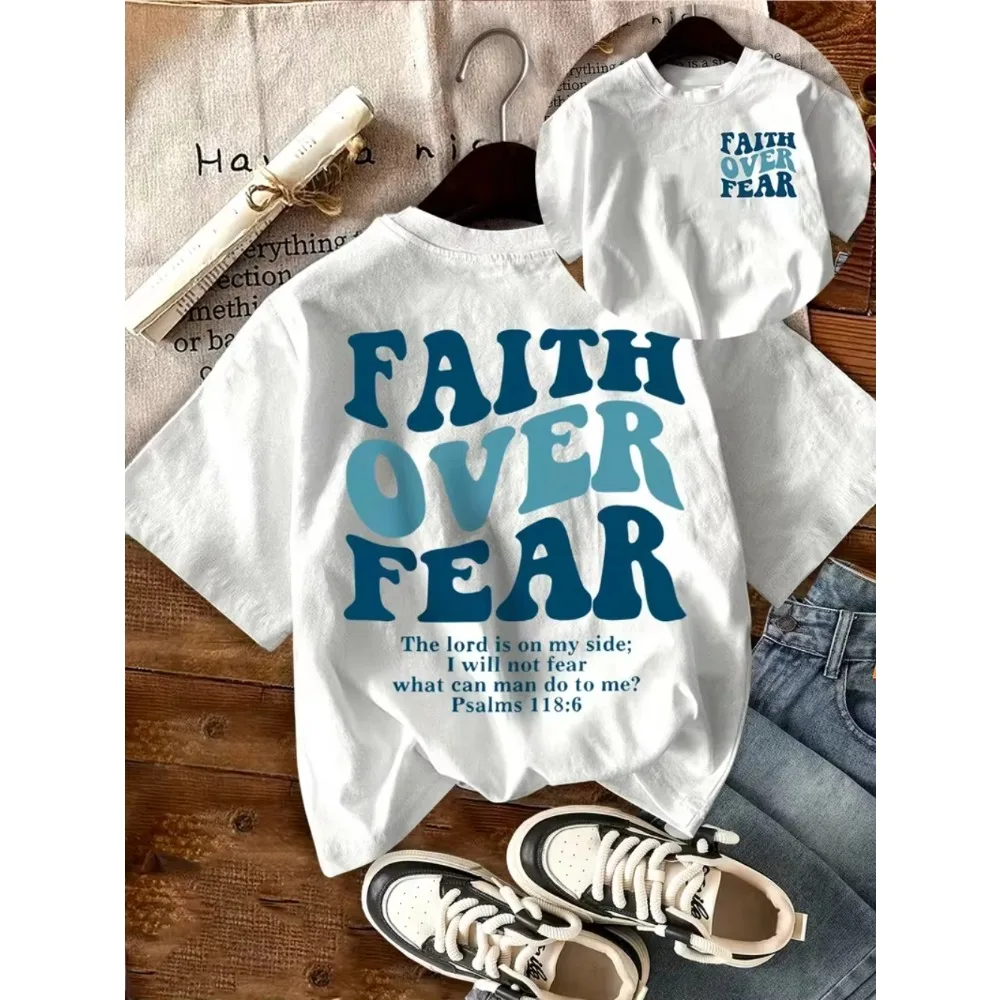 Faith Over Fear Motivational Graphic T-Shirt Men Spring Summer Daily Wear Double-sided Print Casual Crew Neck Short Sleeve Top