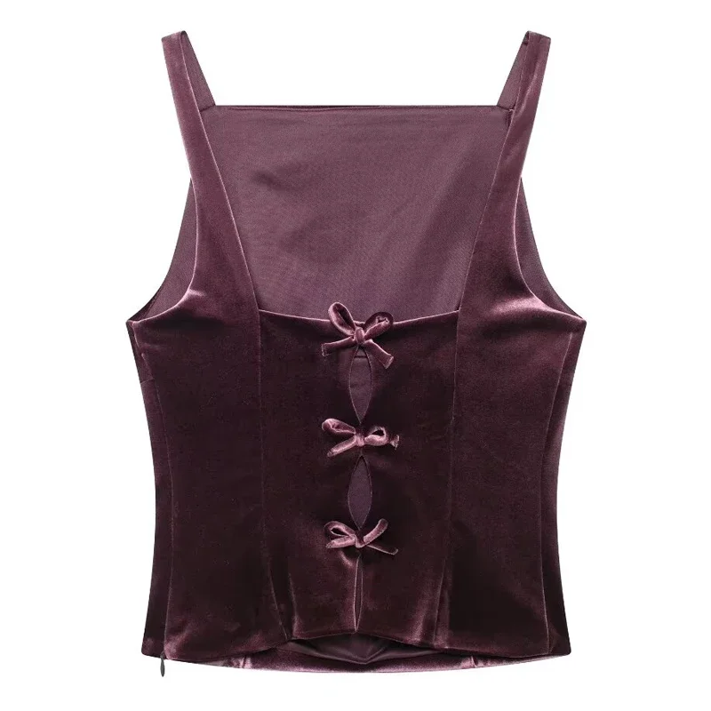 TRAF Tanks & Camis Women 2024 Bow Crop Top Women Sexy Women Velvet Puple Corset Sleeveless Straps Tops Backless Tops Casual Vest