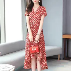 Female Clothing A-Line Drawstring Dresses Waist Fashion Broken Flowers Summer V-Neck Short Sleeve Elegant Irregular Midi Dress