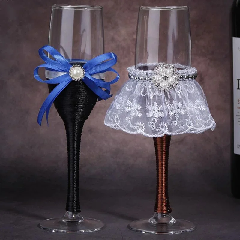 Wedding Wine Glasses 2PCS Champagne Flutes Set, Crystal Glass Bowknot, Rhinestone Tulle Decoration Bride Groom, Toasting Gift