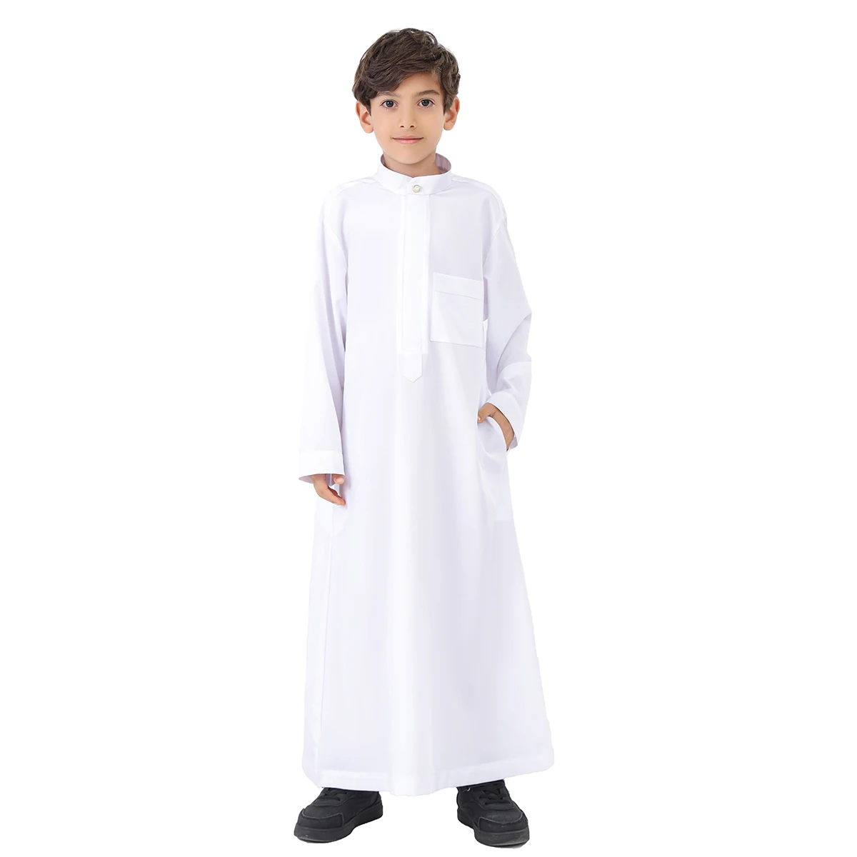 Muslim Boys Stand Collar Solid Color Zipper Long Sleeves Abaya Robe Arab Big Kids Pure Ankle Length MaxI Coat Male Islamic Thobe