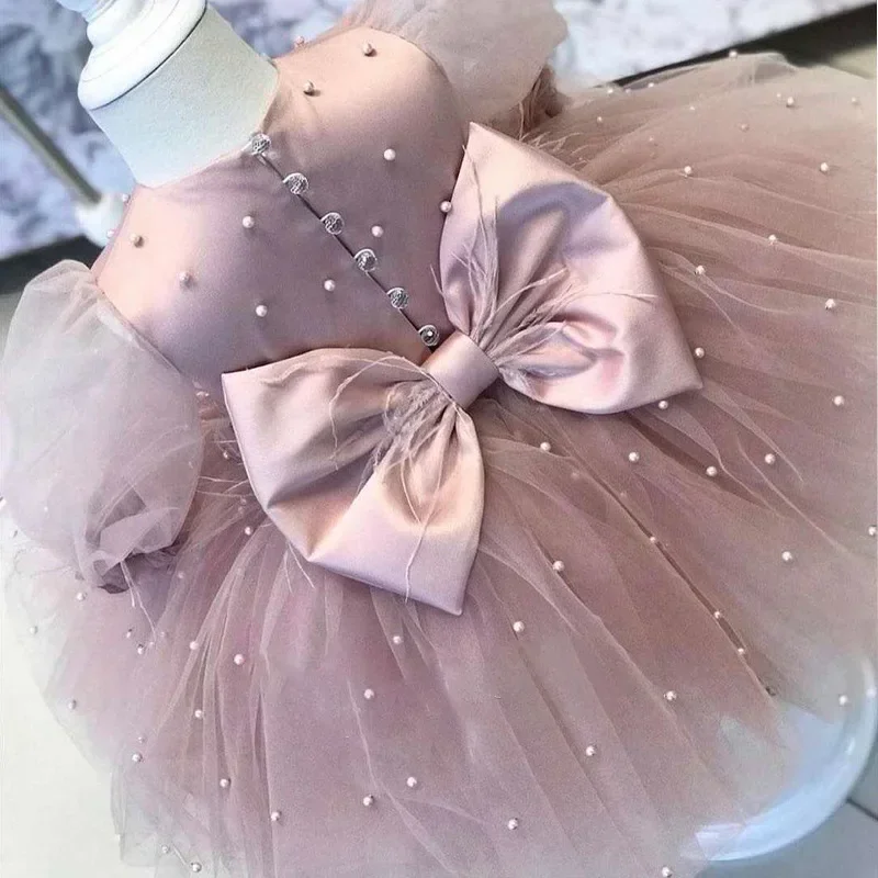 2024 Flower Girl Outfit Kids Elegant Dresses for Party and Wedding Matching Children Birthday Baptism Clothes Lace Bow Frock