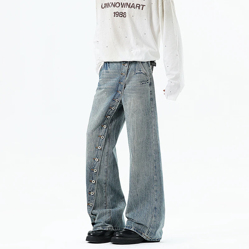 Korean High Street Buckle Curved Jeans Autumn Men'S Loose Straight Leg Pants Wide Leg Pants Casual Pants Hip-Hop Pants