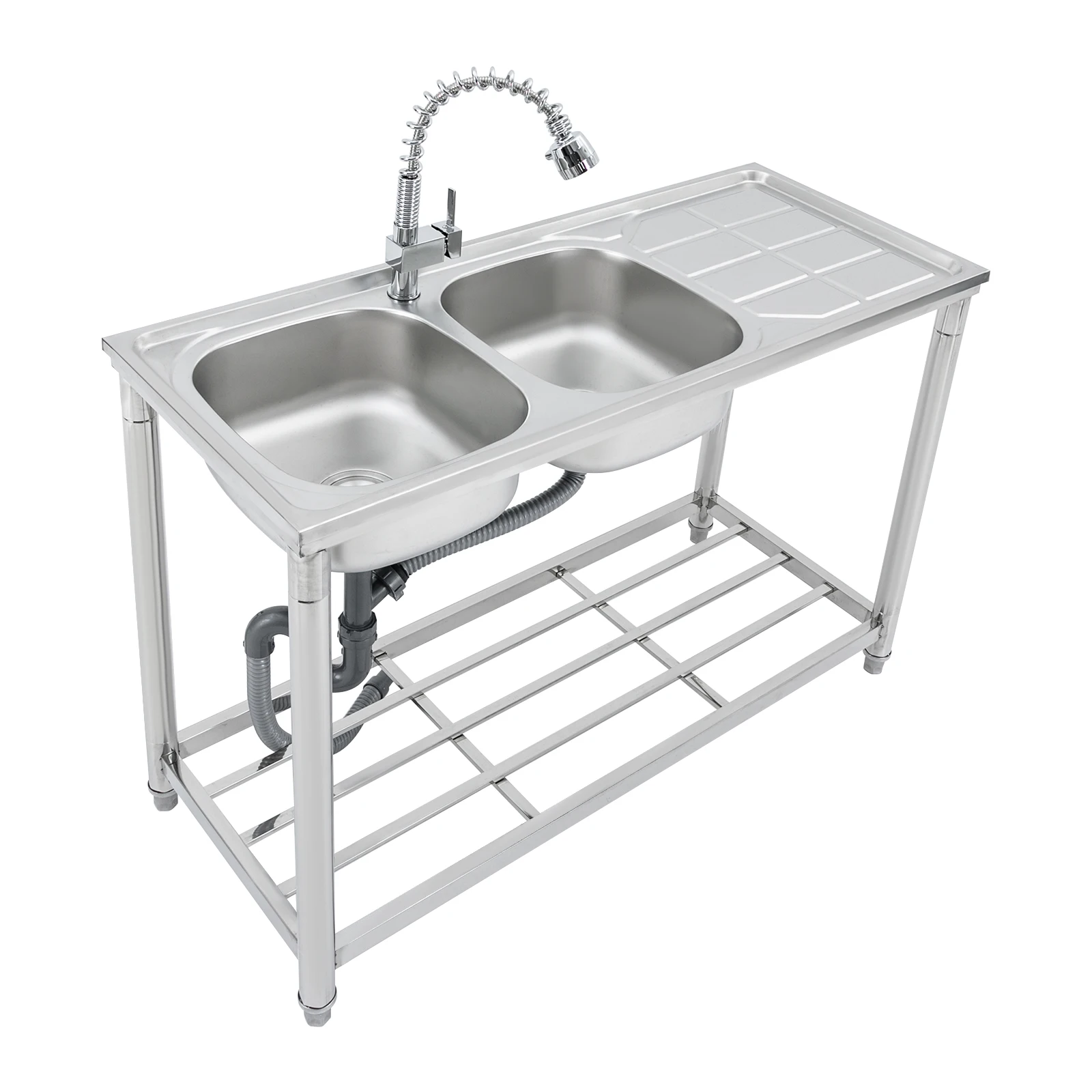 Stainless Steel Double Bowl Sink with Pull-out Faucet for Kitchens, Bars, Restaurants, Dessert Store