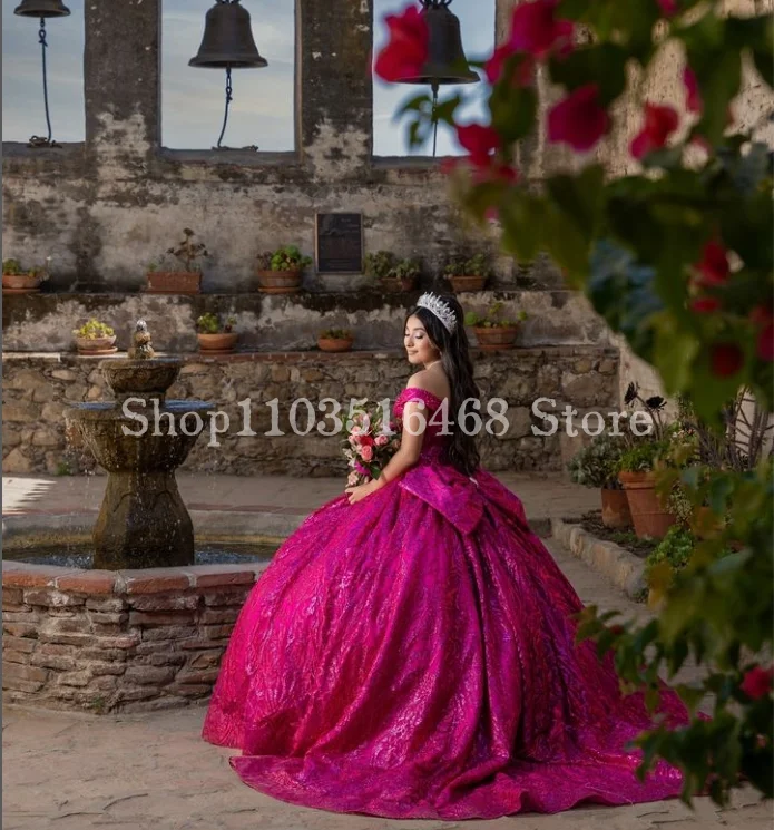 Scintillante principessa abiti Quinceanera 2024 prugna una spalla dolce treno pizzo Applique paillettes messico abiye