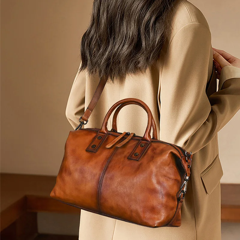 

Distressed Genuine Leather Boston Bag Top Grain Cowhide Multi Carry Shoulder Bags Women Spacious Retro Handbag for Daily Travel