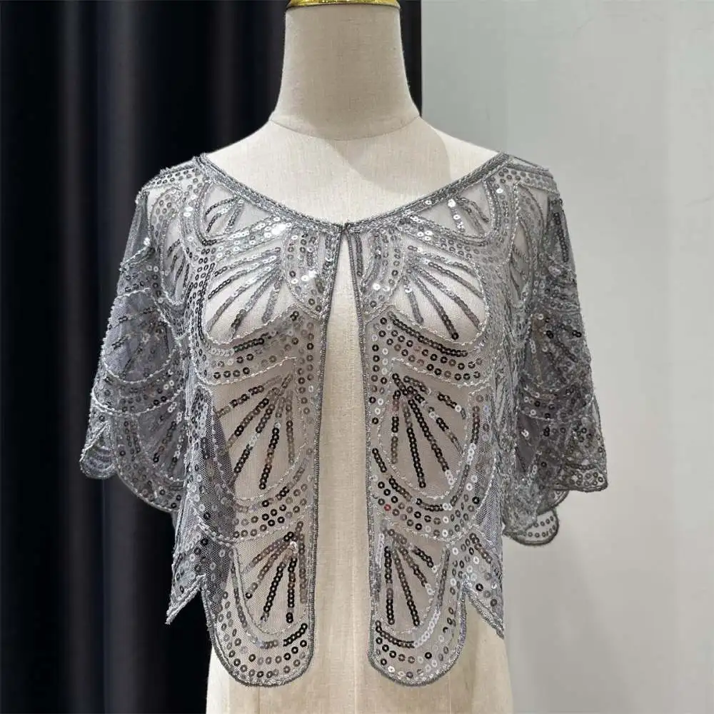 Ladies Fashion Beaded Sequin Shrug Bolero Open Front Wrap Cardigan Elegant Wedding Evening Party Dress Cover Up