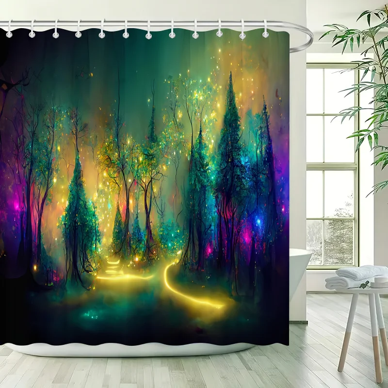 One Fluorescent Black Forest , Colorful Bright UV Light Shining Pure Polyester Waterproof Fabric Bath Curtain, With