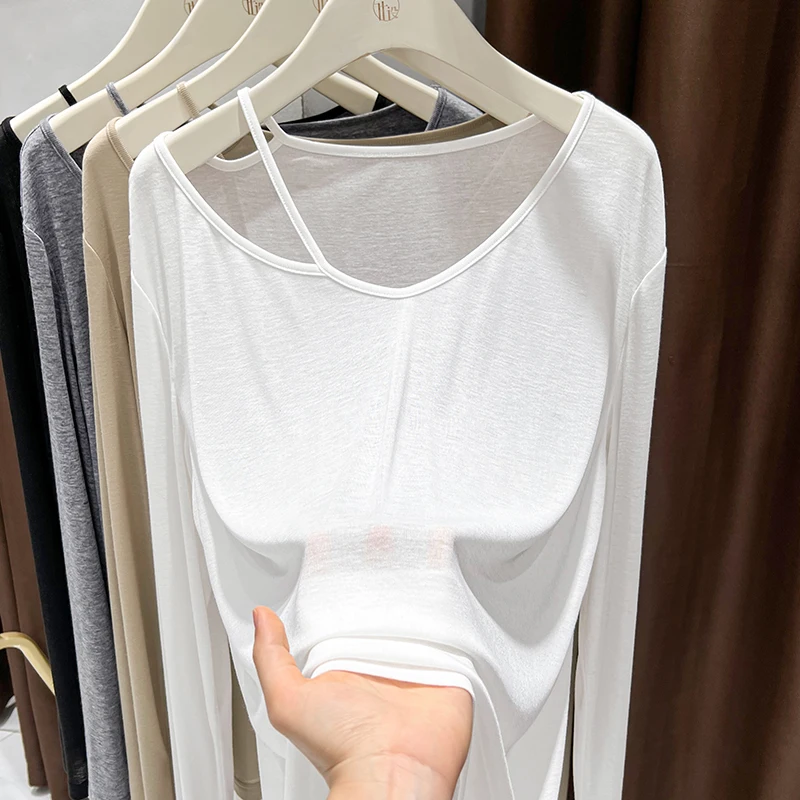 

Pure desire large collar and one-shoulder design blouse sunscreen light breathable long-sleeved T-shirt loose lazy style top sum