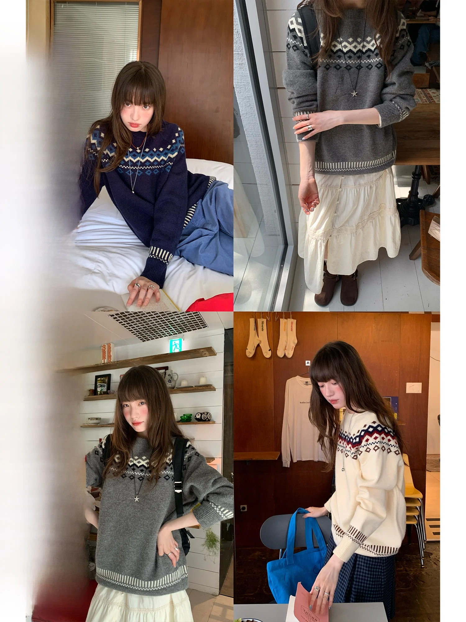 

RAINY Classic Korean Sle Fair Isle Knit Sweater Women's Soft round Ne Overhead Inner Wear Autumn Winter Sweet Loose Fit