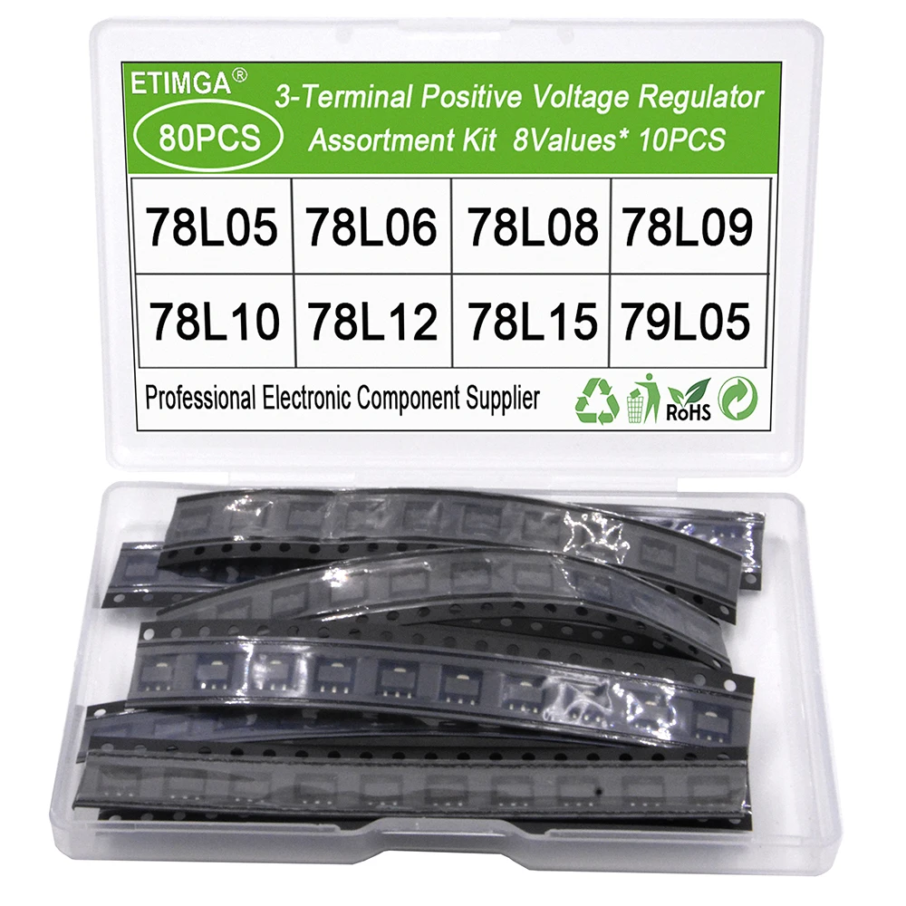 80 peças 8 valores 78l série sot89 regulador de tensão positiva de três terminais kit de variedade de transistores saco de amostra com caixa 78l05