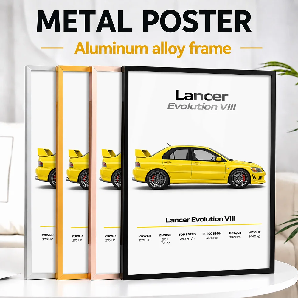 Japanese Lancer Evolution VIII Lightning Yellow Sports Car Framed Metal Print Customized Speed Culture Wall Art Gift For Drivers