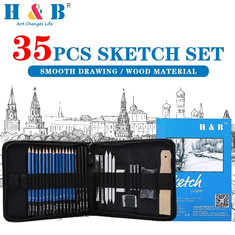 H& B Artist 35pcs Blue Drawing Charcoal Sketch Pencil Set Tool Kit High Quality for Beginner Wooden Sketchbook Art Supplies