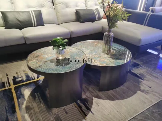 

Italian light luxury/bright rock slab + stainless steel feet/designer minimalist round high and low coffee table combination