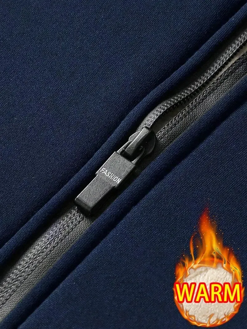 Мужской классический спортивный костюм в стиле ретро, толстовка с капюшоном на молнии на флисовой подкладке и спортивные штаны, тепло для фитнеса на открытом воздухе, толстая зима