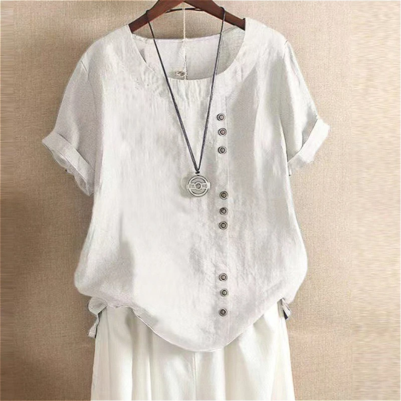 

Women Blouse Solid Shirts Spliced Button Short Sleeves Round Neck Slight Strech Loose Fit Office Lady Casual Elegant 2026 Summer