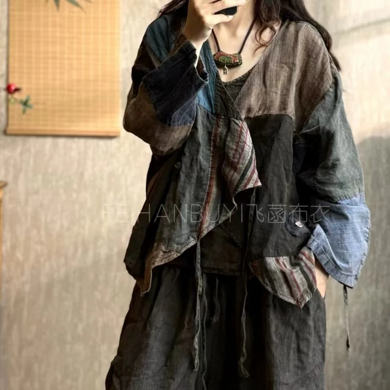 New Spring Autumn Arts Style Women V-neck Loose Jackets Cross-lacing Design Vintage Patchwork Cotton Linen Coat High Quality F07