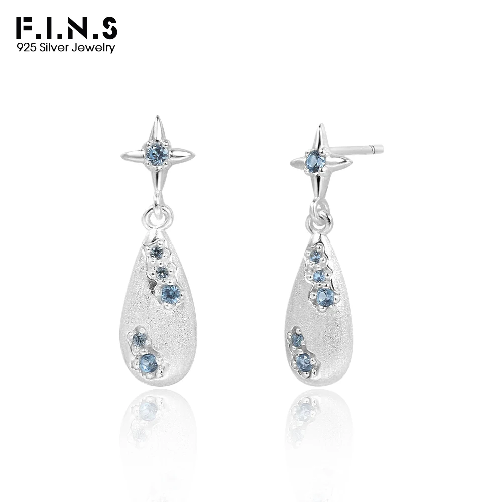

F.I.N.S Original Waterdrop Bushed S925 Sterling Silver Earrings Simple Blue Green Zirconia Piercing Ear Studs Fine Jewelry