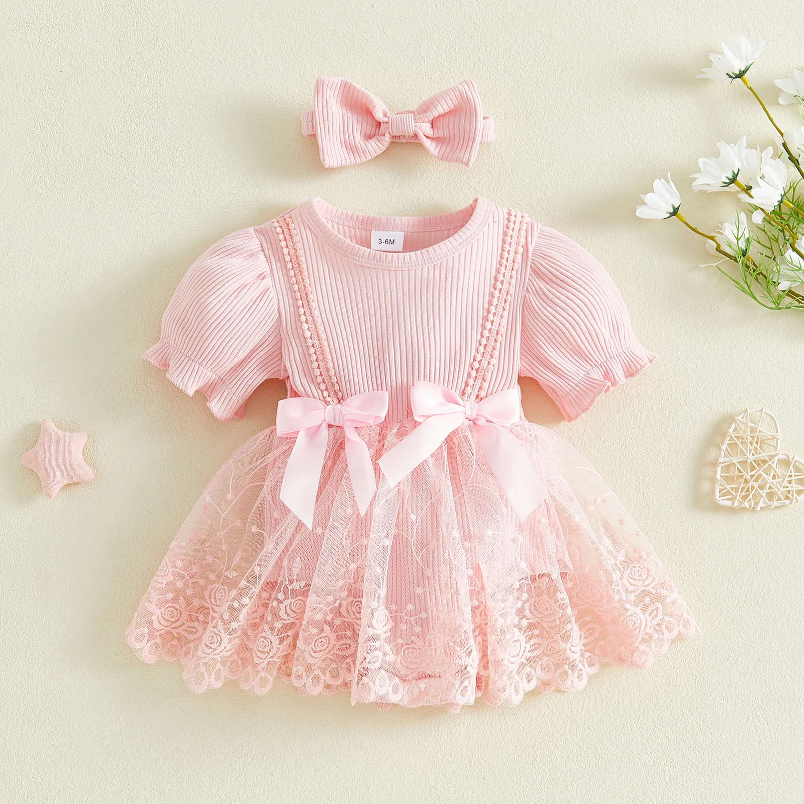 

Infant Baby Girl Spring Summer Outfits Bows Lace Mesh Crew Neck Short Sleeve Romper Dress and Bow Headband 2 Pcs Sets