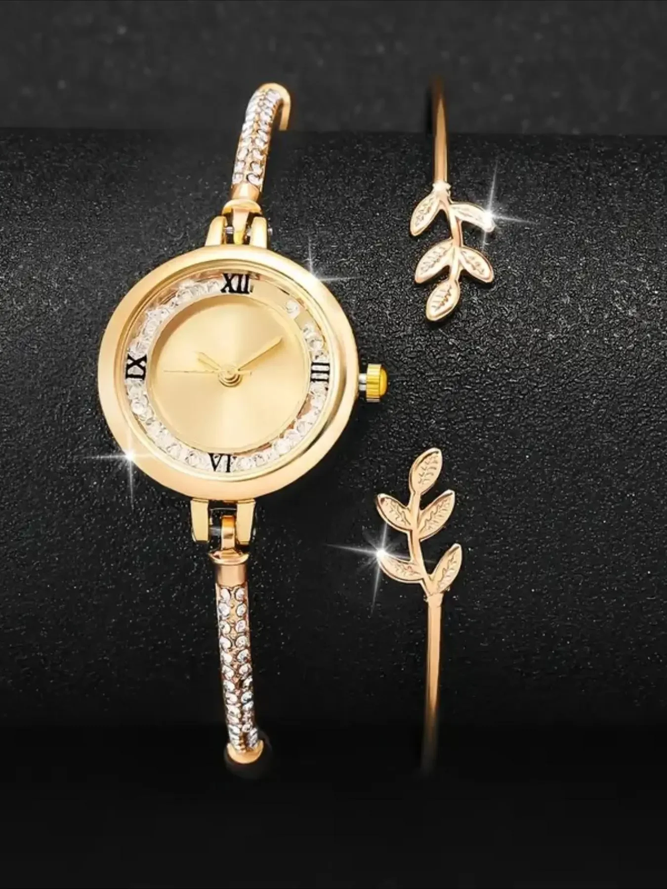 Women's Elegant Fashion Round Dial Quartz Watch & Leaf Design Bracelet, Fashion Watch Set for Party, Watch Set for Birthday G