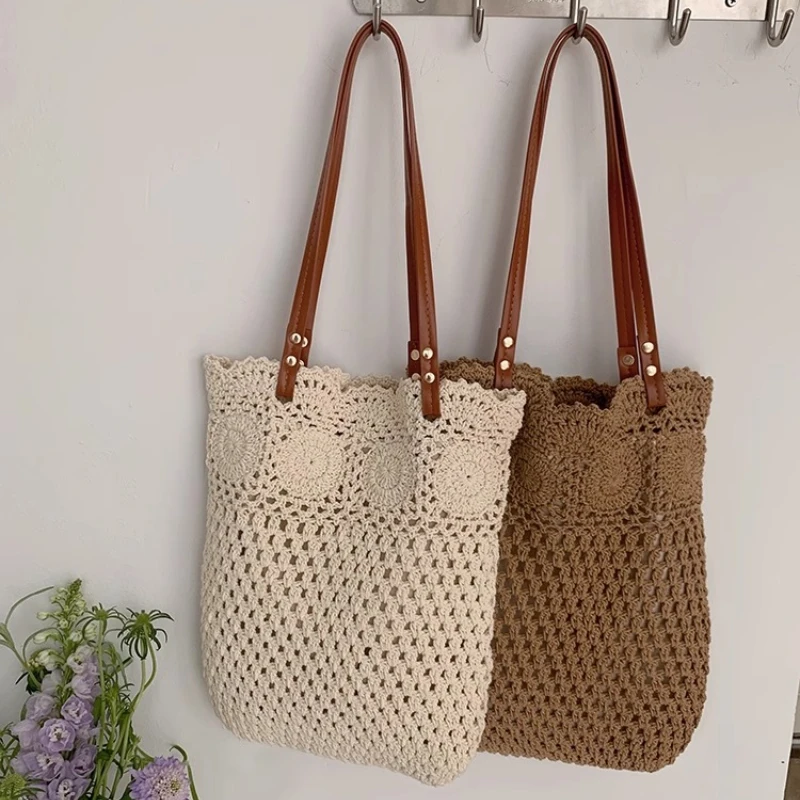 

Cotton Braided Women's Knitted Shoulder Bag Hollow Out Ladies Summer Tote Bags Beach Vacation Female Large Capacity Handbag