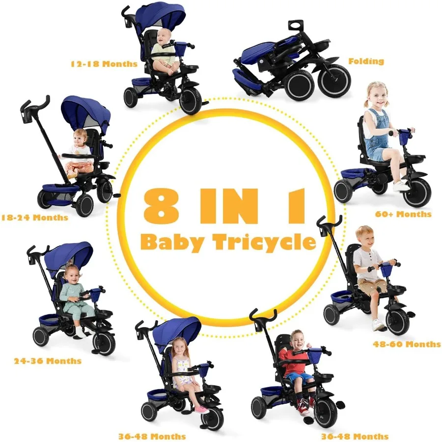 Opvouwbare driewieler 8-in-1 babydriewieler met verwijderbare en verstelbare luifel Ouderhandgreep 5-poorts veiligheidsharnas Peuterfietskinderwagen