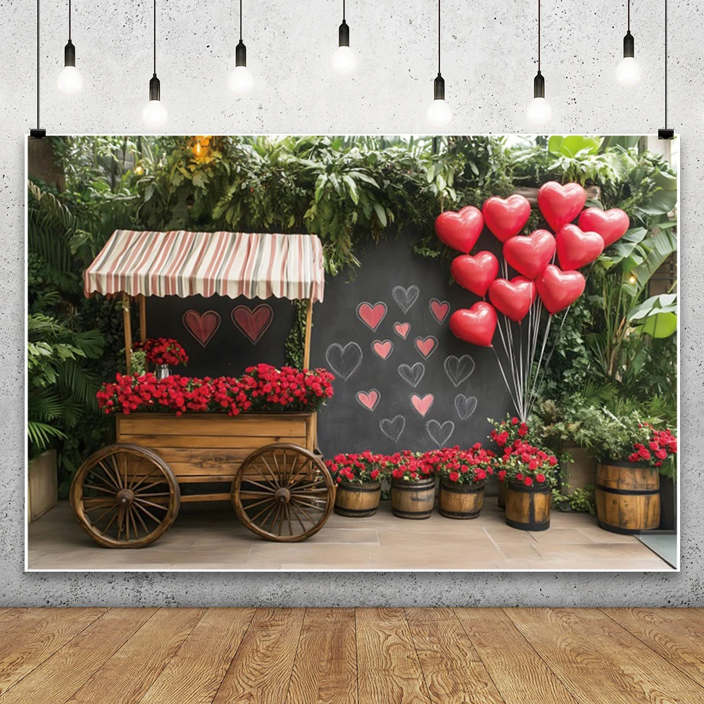 Valentine‘s Day Flower Shop Photography Background Wooden Cart Red Rose Balloon Couple Anniversary Portrait Photocall Backdrops