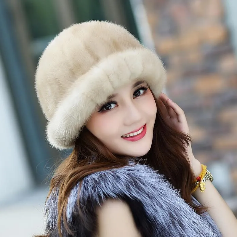 Women Fur Hat For Winter Natural MInk Fur Cap Russion Female Fur Headwear Girls Casual Sun Hats Fashion Warm Beanies Cap