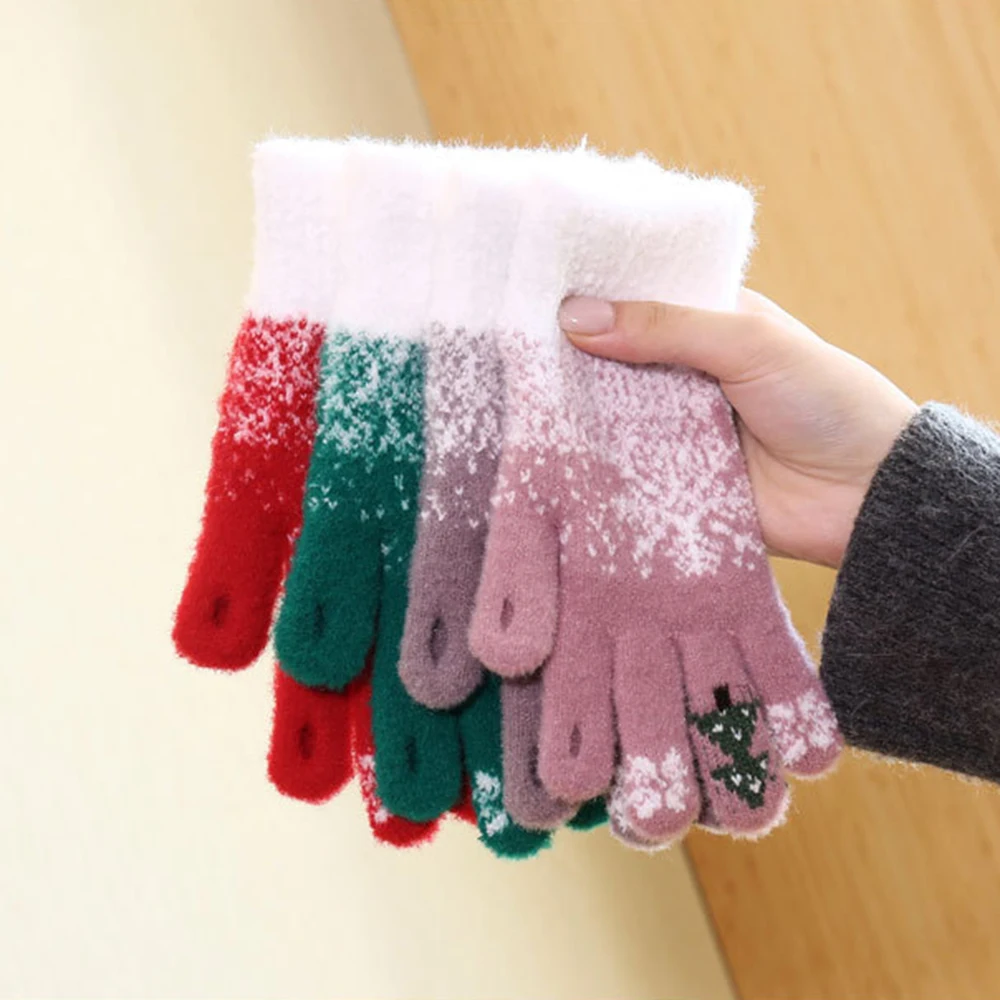 Christmas Tree Snowflake Warm Gloves Knitted Touch-Screen Gloves Women Girls Autumn And Winter With Fleece And Thick Warm Gloves