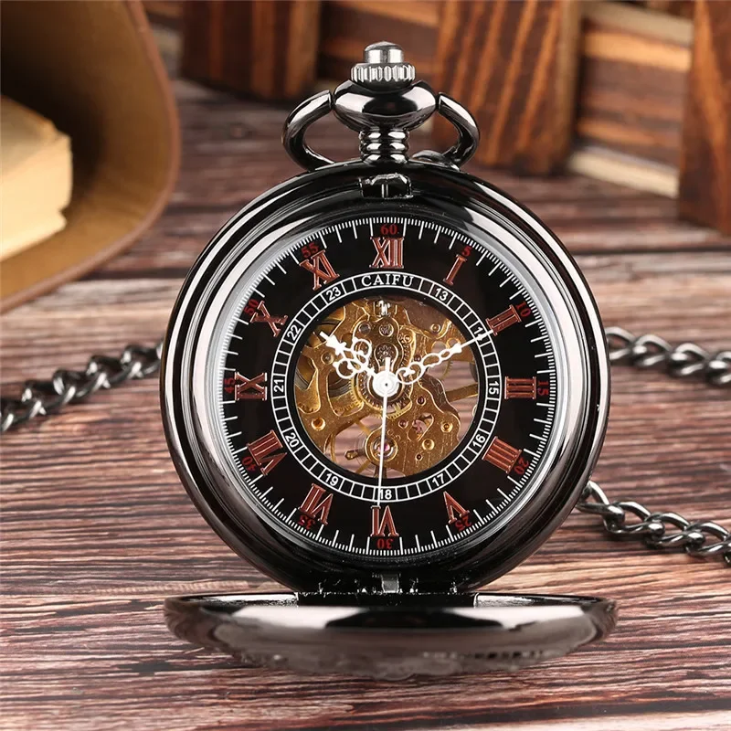 Steampunk Black Hollow Double Crane Unisex Handwinding Mechanical Pocket Watch Roman Numerals Display Pendant Chain Clock Gift