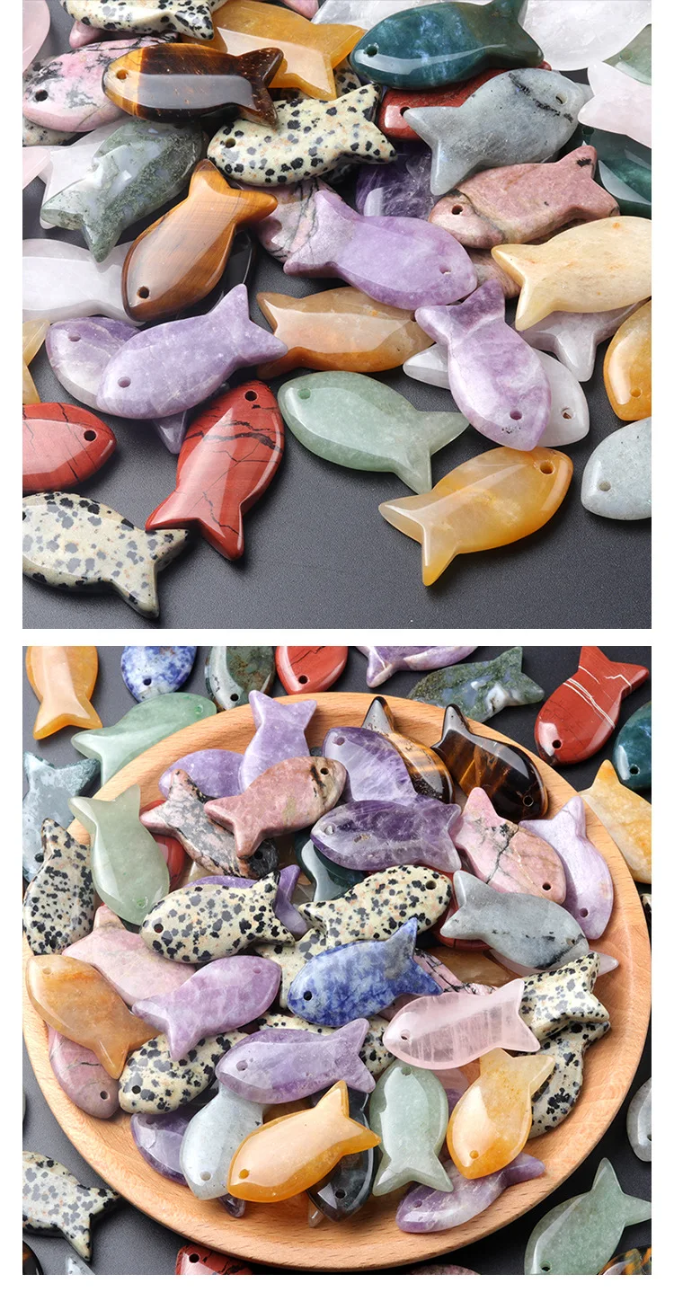 Hand Carved Healing Crystals Fish Figurine Natural Stone Animal Statue Amethyst Gemstone Pendant Home Decor DIY Hanging Ornament