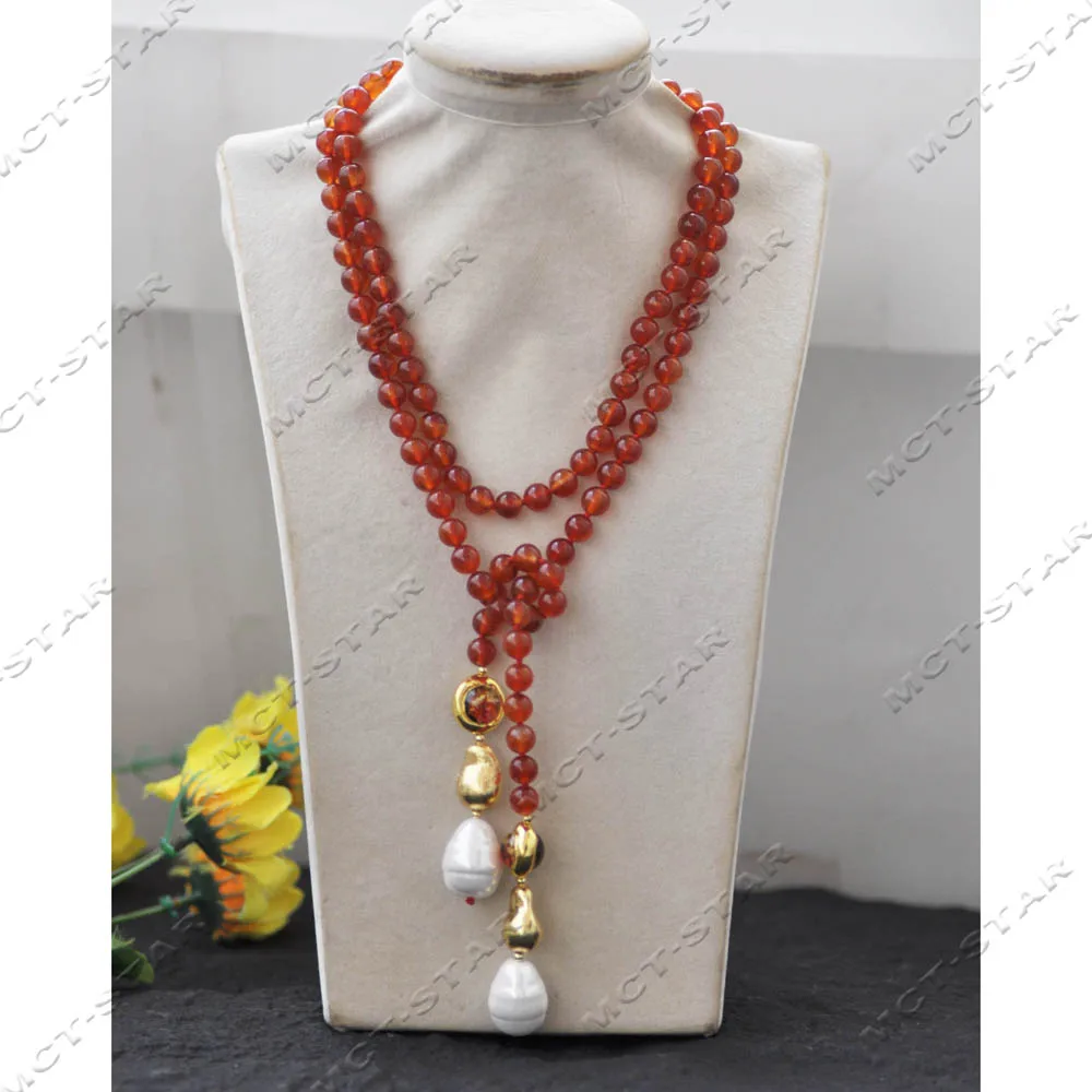 Z14506 44'' 22mm Natural Red Round Agate Necklace Golden Gourd Flame Coloured Glaze Shell Pearl Pendant