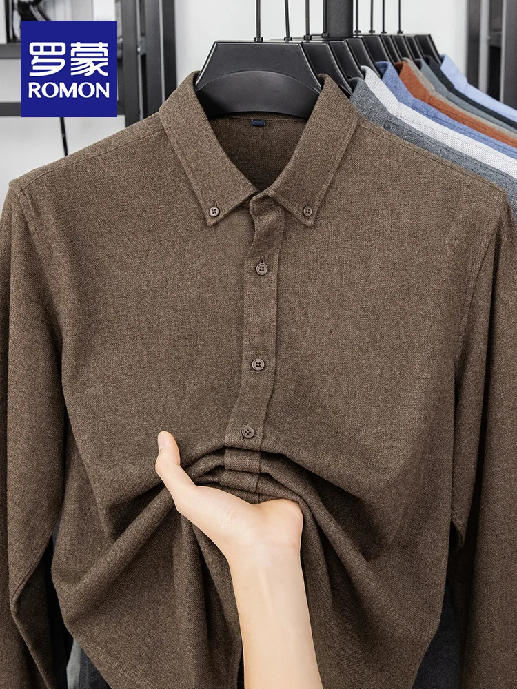 

Rn Men's Long Sve Thiened Brued Cotton irt Warm Soft Pure Color Busin Casual Loose Fit Autumn Winter irt